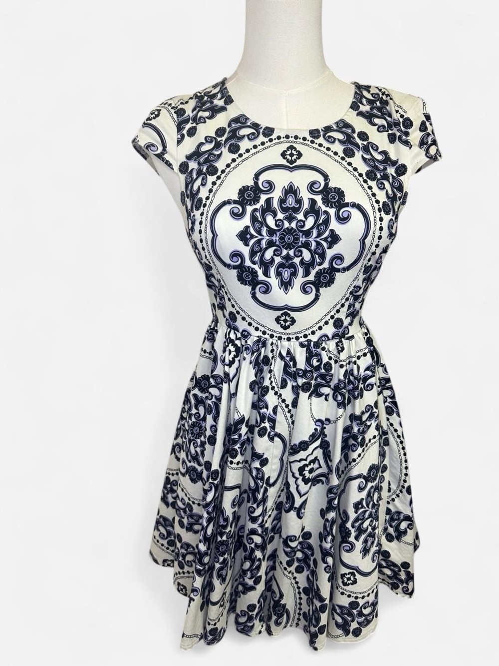 Vintage Lulus Sugar White and Purple Medallion Fit-and-Flare Mini Dress